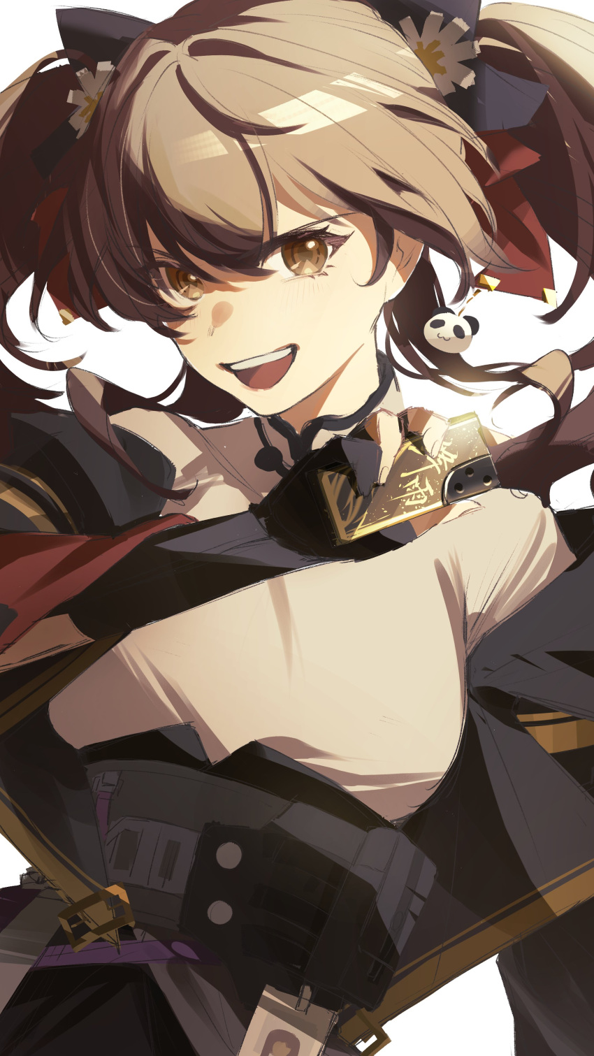 1girl, absurdres, black_bow, black_gloves, bow, brown_eyes, brown_hair, chinese_clothes, chinese_commentary, commentary_request, girls'_frontline_2:_exilium, girls_frontline, gloves, gwendolynstore, hair_bow, hair_ribbon, highres, holding, id_card, looking_at_viewer, open_mouth, partially_fingerless_gloves, red_ribbon, ribbon, simple_background, smile, solo, teeth, twintails, type_97_(girls'_frontline), upper_teeth_only, white_background
