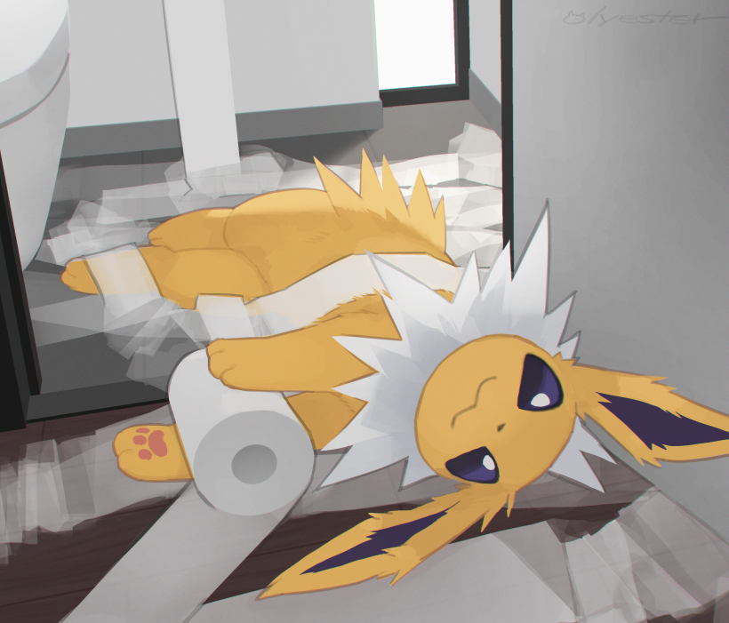 animal_ears, animal_feet, animal_focus, bathroom, closed_mouth, indoors, jolteon, looking_at_viewer