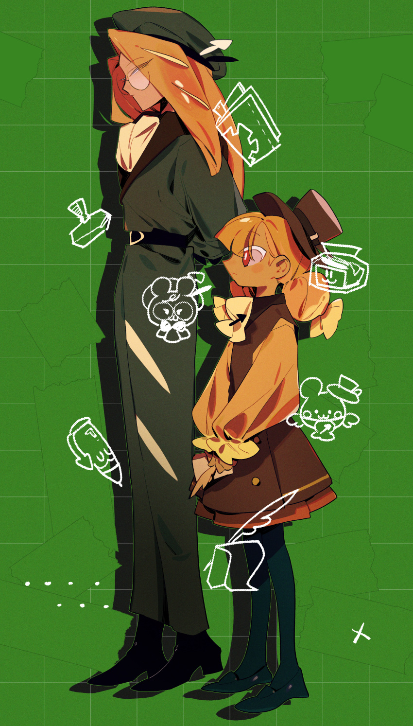 2girls, absurdres, arms_behind_back, arrow_(symbol), ascot, baguette_cookie, belt, belt_buckle, beret, black_belt, black_footwear, black_pantyhose, blunt_bangs, boots, bright_pupils, brown_hat, brown_skirt, brown_vest, buckle, buttons, closed_mouth, coffee_candy_cookie, colored_eyelashes, cookie_run, dress, eyes_visible_through_hair, food-themed_hair, from_side, full_body, glasses, green_background, green_dress, green_hat, grid_background, hair_behind_ear, hat, height_difference, higa423, high_heel_boots, high_heels, highres, humanization, long_dress, long_hair, long_sleeves, looking_ahead, looking_at_another, looking_down, medium_hair, multiple_girls, orange_eyes, orange_hair, orange_shirt, pantyhose, puffy_long_sleeves, puffy_sleeves, round_eyewear, shirt, skirt, standing, top_hat, twintails, v_arms, vest, white_pupils, yellow_ascot