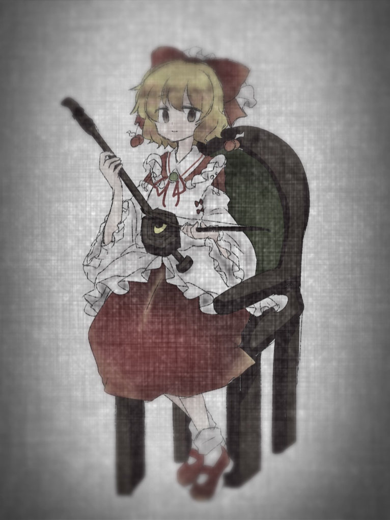 1girl, blonde_hair, bow, bow_(music), bowtie, chair, cherry, cherry_hair_ornament