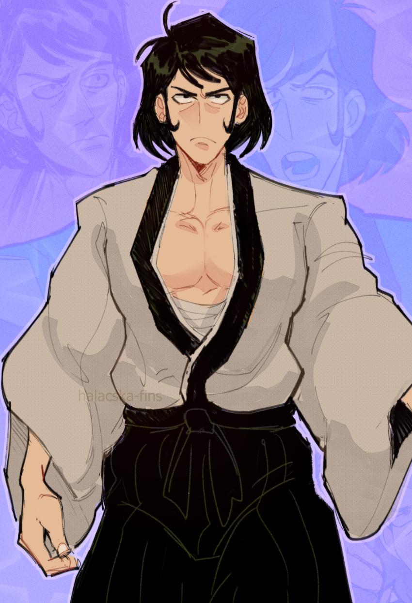 1boy, bags_under_eyes, bandaged_torso, bare_pectorals, black_hair, black_hakama, closed_mouth, collarbone, hakama, halacska_fins, highres, ishikawa_goemon_xiii, japanese_clothes, lupin_iii, male_focus, pectorals, short_hair, solo, teeth, wide_sleeves, zoom_layer