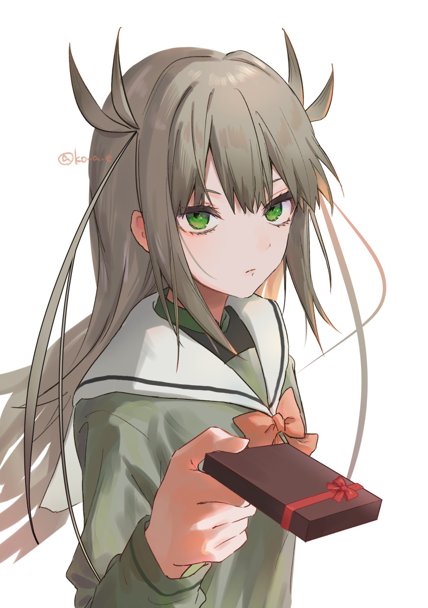 1girl, absurdres, bow, box, box_of_chocolates, brown_hair, closed_mouth, expressionless
