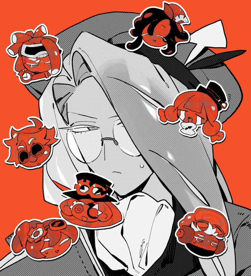 1girl, asymmetrical_bangs, baguette_cookie, beret, character_request, character_sticker, closed_mouth, collared_shirt