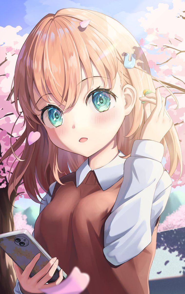 1girl, alternate_costume, aqua_eyes, asumi_dori, blue_sky, blush, breasts, brown_sweater_vest