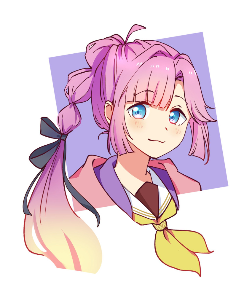 1girl, :3, anyoji_hime, black_ribbon, blonde_hair, blue_eyes, blush, closed_mouth