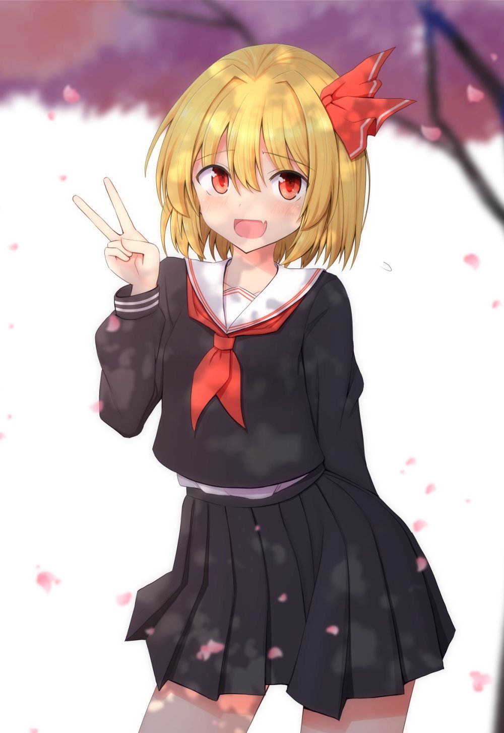 :d, black_shirt, black_skirt, blonde_hair, cherry_blossoms, commentary_request, cowboy_shot, hair_ribbon