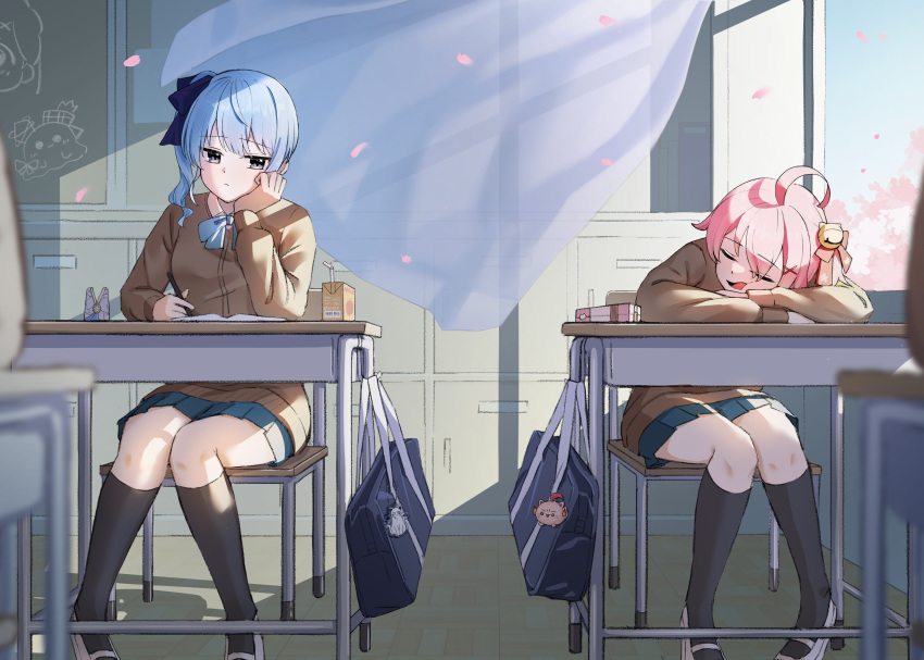2girls, absurdres, ahoge, ai_(u_e_o_o), alternate_costume, aqua_skirt, bag, bag_charm