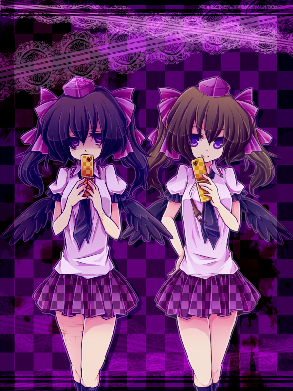 blood_stain, brown_hair, dual_persona, hat, hata-tan, himekaidou_hatate, injury, kurosu_rino