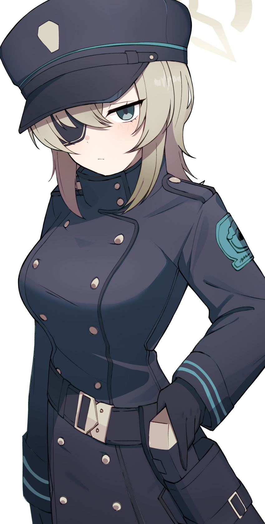 1girl, absurdres, belt, black_gloves, black_hat, blonde_hair, blue_archive, breasts, buttons, coat, commentary_request, double-breasted, eyepatch, gloves, green_eyes, hair_between_eyes, halo, hat, high_collar, highres, holster, light_blush, long_sleeves, looking_at_viewer, medium_breasts, peaked_cap, simple_background, solo, suou_(blue_archive), white_background, zbuta_turatan