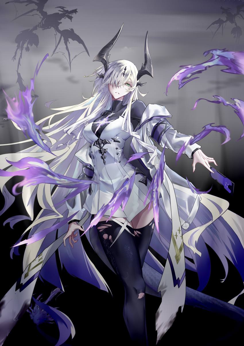 1girl, absurdres, arknights, black_thighhighs, breasts, commentary_request, dragon_girl, dragon_horns, dress, eblana_(arknights), fire, green_eyes, hair_over_one_eye, highres, horns, jacket, long_hair, long_sleeves, mushuang_goner, purple_armband, purple_fire, solo, standing, thigh-highs, torn_clothes, torn_thighhighs, two-tone_dress, very_long_hair, white_dress, white_hair, white_jacket