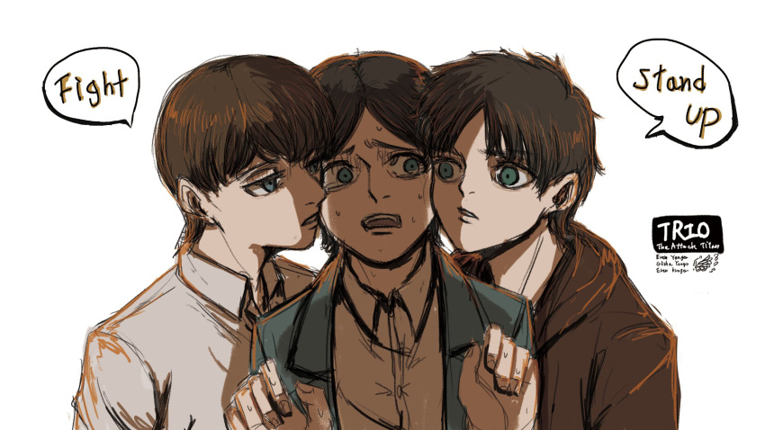 3boys, aged_down, blank_stare, bowl_cut, boy_sandwich, brown_hair, cheek-to-cheek, empty_eyes