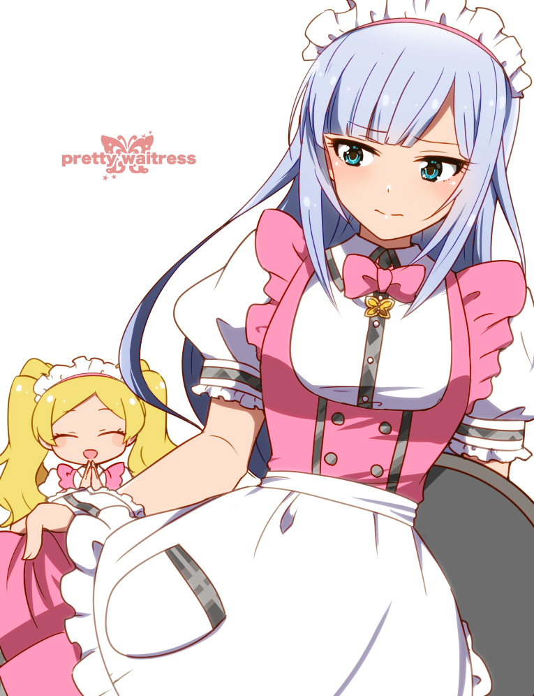 2girls, apron, blonde_hair, blue_eyes, blue_hair, blush, bow, bowtie, breasts, butterfly_brooch, closed_mouth, dot_nose, dress, emily_stewart, frilled_apron, frills, holding, holding_tray, idolmaster, idolmaster_million_live!, idolmaster_million_live!_theater_days, kidachi, light_blue_hair, long_hair, looking_at_another, medium_breasts, multiple_girls, open_mouth, own_hands_together, parted_bangs, pink_bow, pink_bowtie, pink_dress, pretty_waitress_(idolmaster), puffy_short_sleeves, puffy_sleeves, shiraishi_tsumugi, short_sleeves, shy, simple_background, skirt_hold, small_breasts, smile, tray, twintails, very_long_hair, waist_apron, white_apron, white_background, white_headdress