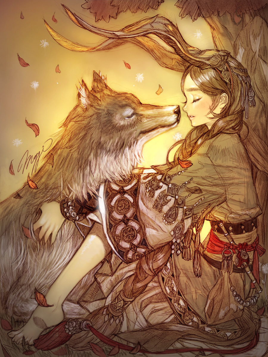 1girl, autumn_leaves, barefoot, braid, brown_hair, brown_theme, commentary, dress, english_commentary, eyelashes, face-to-face, falling_leaves, flute, full_body, hair_behind_ear, hair_ornament, hair_over_shoulder, hairband, highres, horns, instrument, leaf, long_hair, long_sleeves, maggi, o-ring, original, parted_lips, petting, profile, robe, sash, signature, sketch, tassel, tree, tribadism, under_tree, very_long_hair, wide_sleeves, wolf