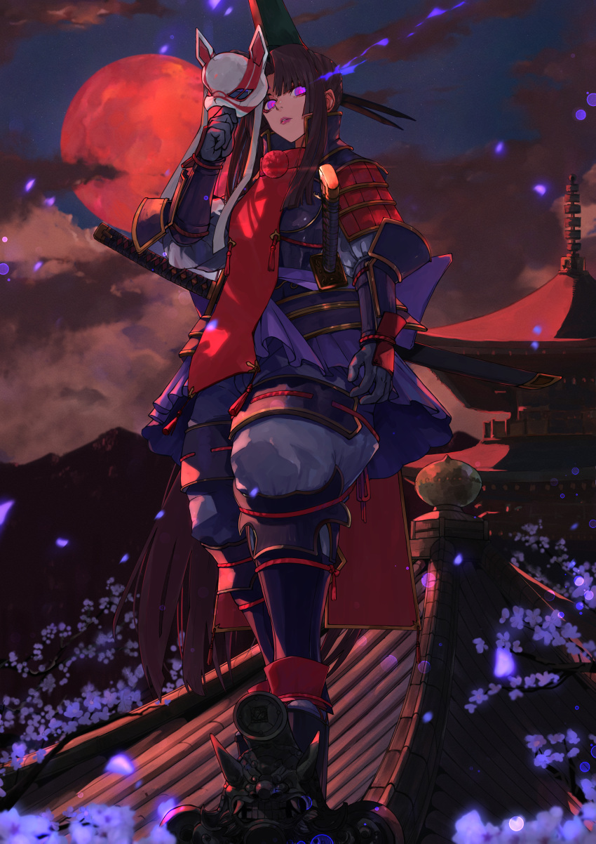 1girl, absurdres, architecture, armor, black_hair, black_hat, breasts, east_asian_architecture