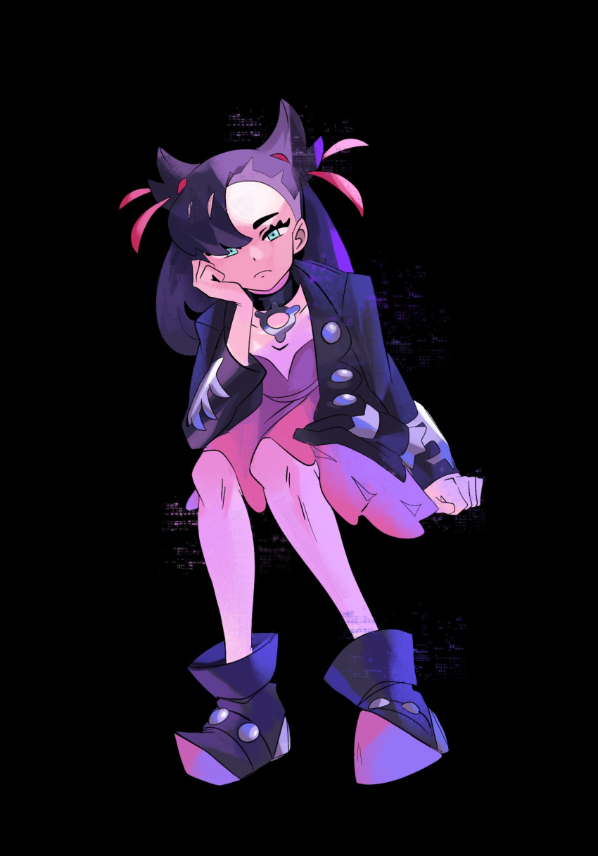 1girl, arm_support, asymmetrical_bangs, black_collar, black_footwear, black_jacket, boots, closed_mouth, collar, collarbone, commentary, dress, eyelashes, frown, full_body, green_eyes, hair_ribbon, head_rest, highres, invisible_chair, jacket, knees, long_sleeves, marnie_(marnielovesyou), marnie_(pokemon), pink_ribbon, pokemon, pokemon_swsh, ribbon, sitting, solo, twintails