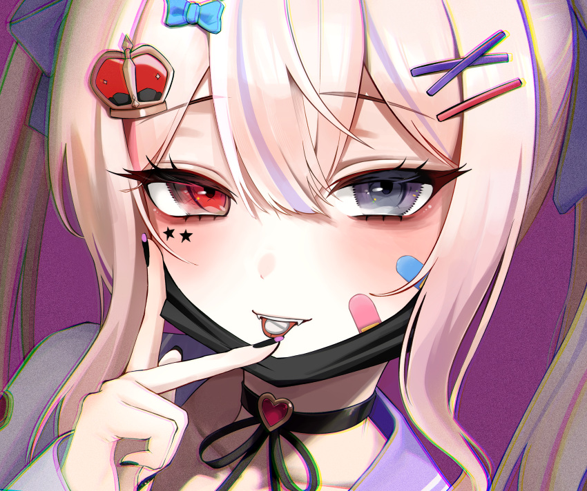 1girl, absurdres, bandaid, bandaid_on_face, black_choker, black_eyes, black_mask, black_nails