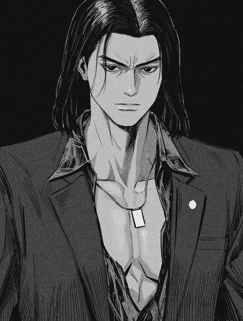 1boy, adam's_apple, black_hair, frown, genandnak, greyscale, looking_at_viewer, male_focus