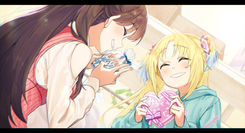 2girls, ^_^, absurdres, aqua_hoodie, blonde_hair, blue_hair, brown_hair, chromatic_aberration