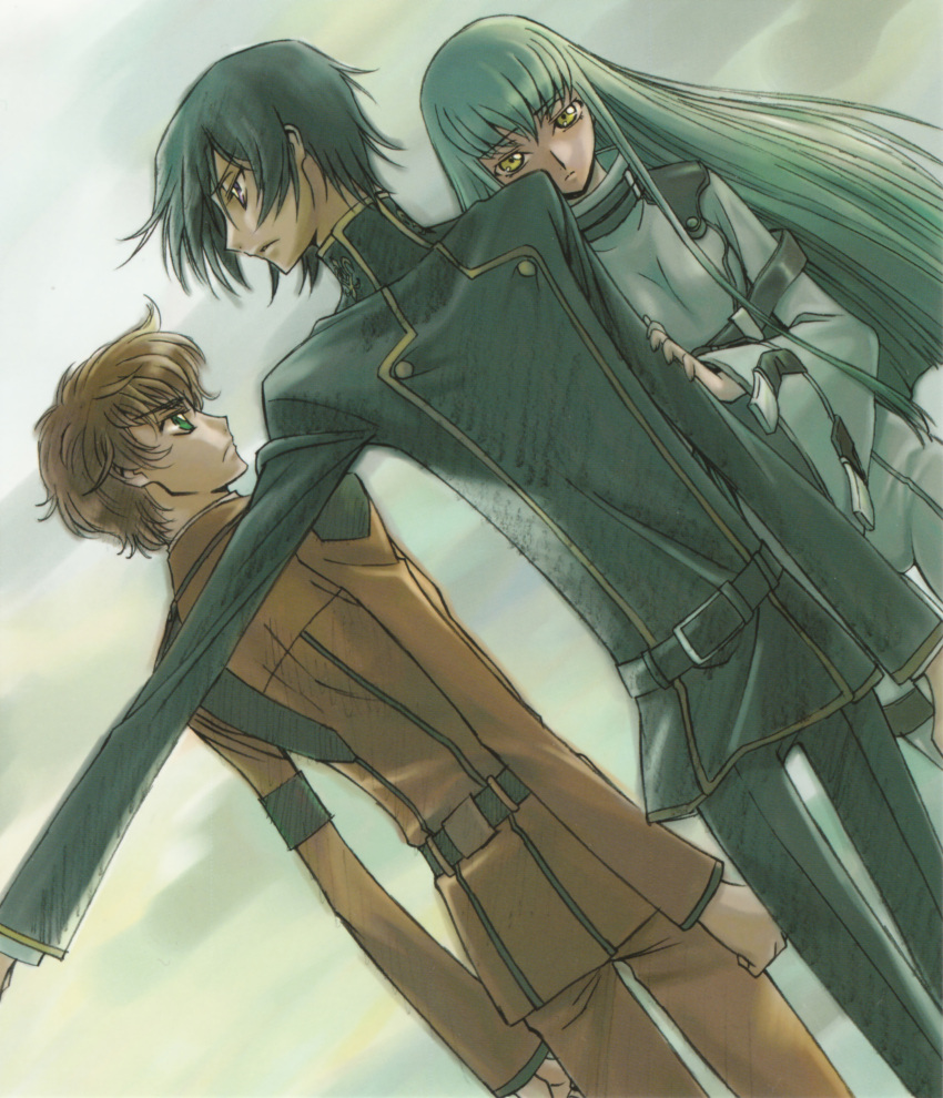 black_hair, brown_hair, c.c., code_geass, green_eyes, green_hair, highres, kimura_takahiro, kururugi_suzaku, lelouch_lamperouge, long_hair, official_art, ookouchi_ricca, short_hair, yellow_eyes