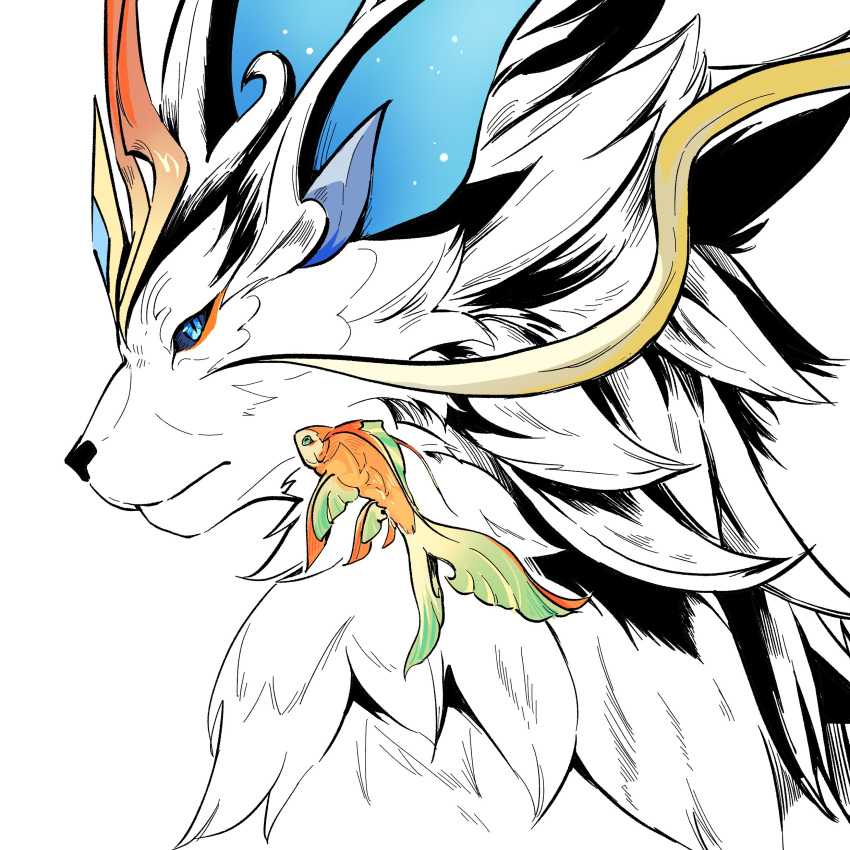 absurdres, alternate_form, blue_eyes, fish, fujin_(genshin_impact), genshin_impact, highres, lingyuan_(genshin_impact), lion, lion_mane, monochrome, no_humans, partially_colored, sen_jin_chen, whiskers