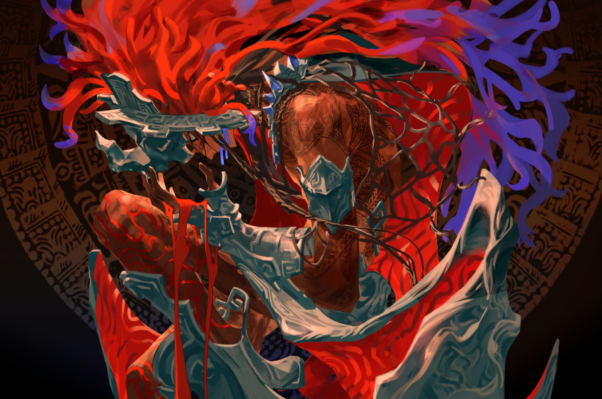 1boy, absurdres, blood, blood_on_hands, blood_vessels, blue_hair, braid, camazotz_(fate)
