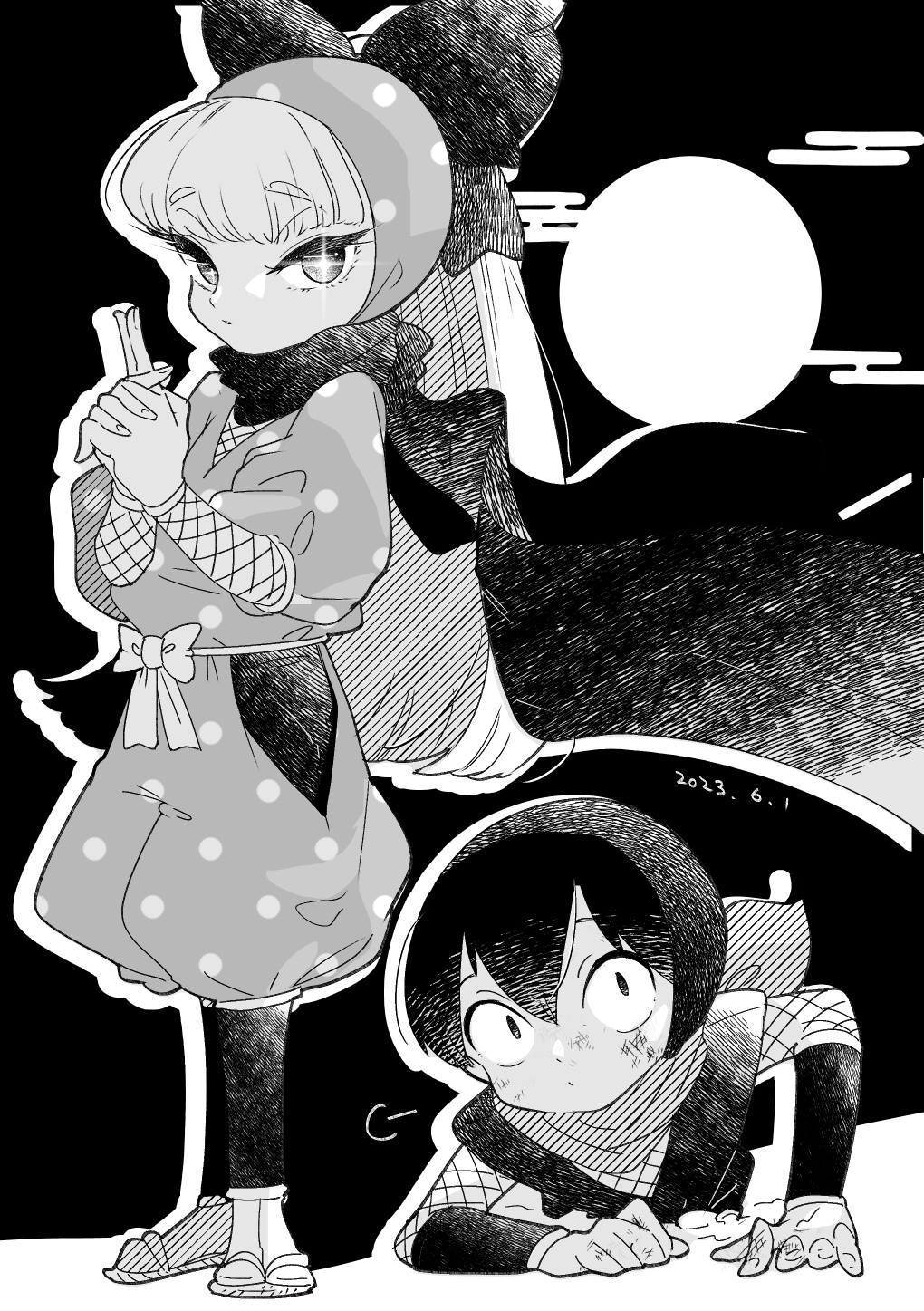 1boy, 1girl, arigasaki_chitose, bandage_on_face, bandages, bow, climbing, dated
