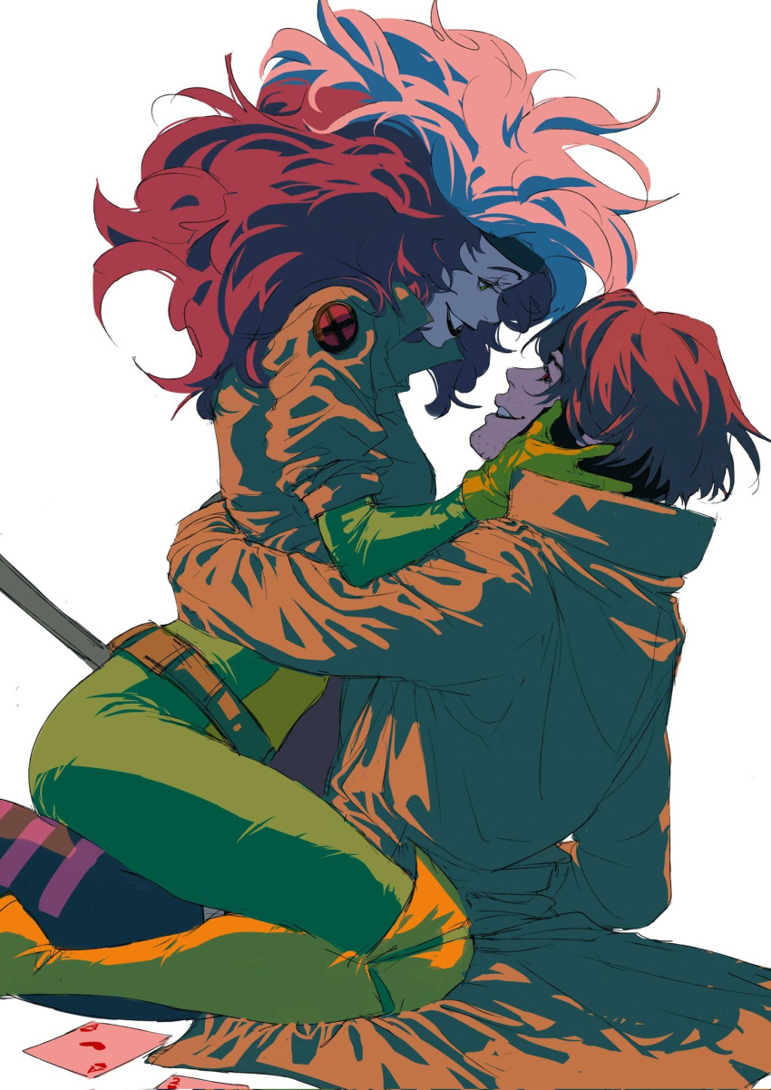 1boy, 1girl, artist_request, bodysuit, dyed_bangs, gambit, gloves, green_bodysuit