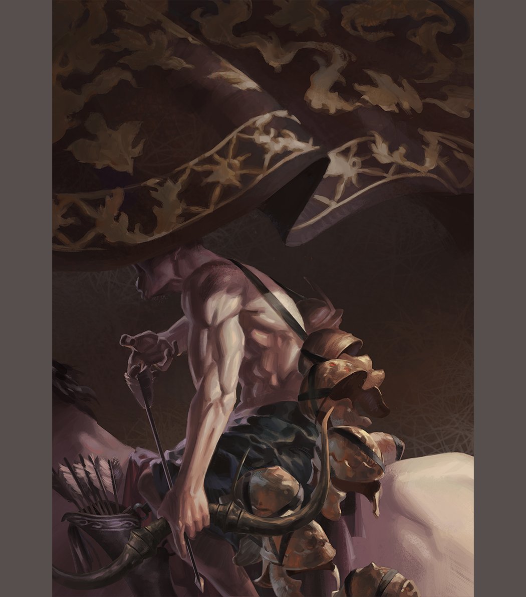 1boy, archery, arrow_(projectile), banner, battle_standard, bow_(weapon), commentary, conquest_(book_of_revelation)