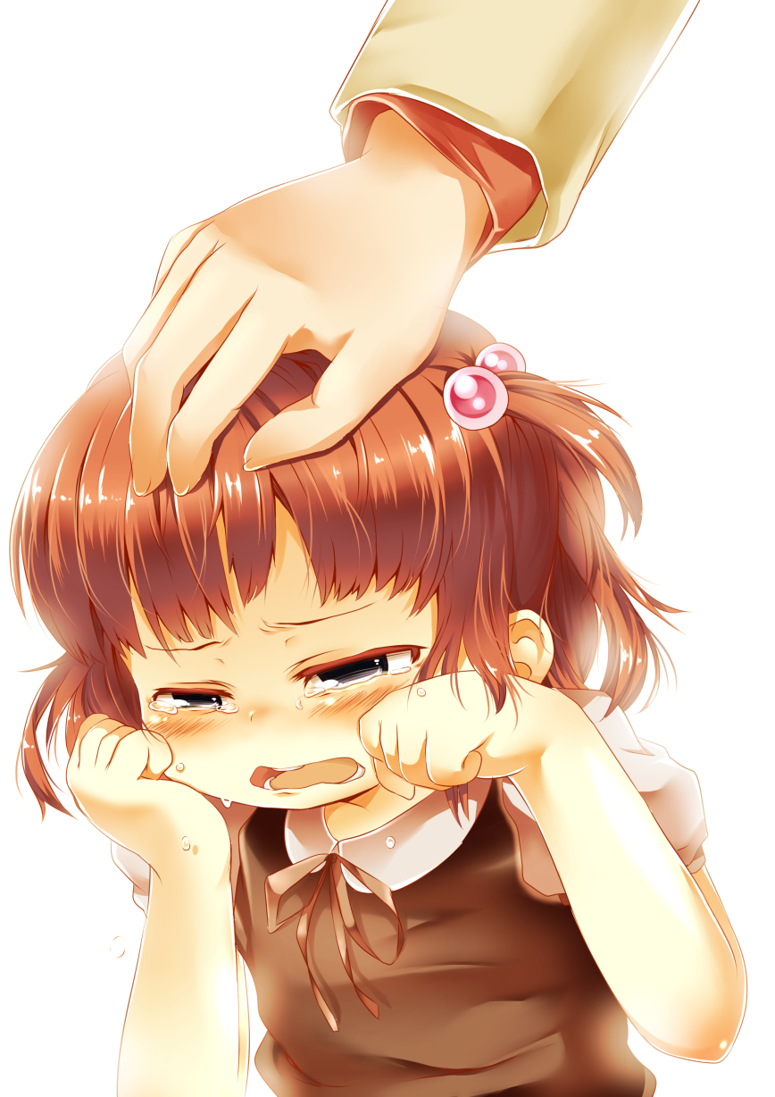 hair_bobbles, hair_ornament, hand_on_head, highres, petting, red_hair, redhead, rihhi