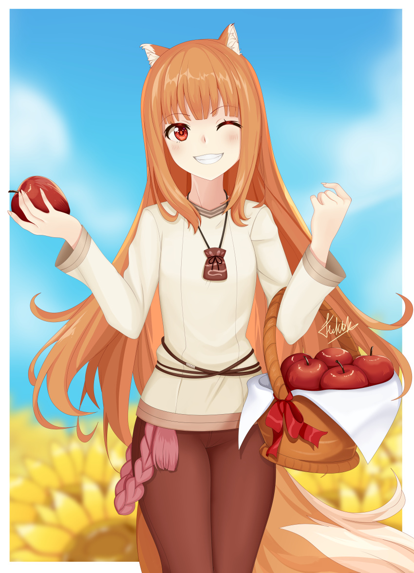 1girl, ;d, absurdres, animal_ear_fluff, animal_ears, apple, basket, blue_sky