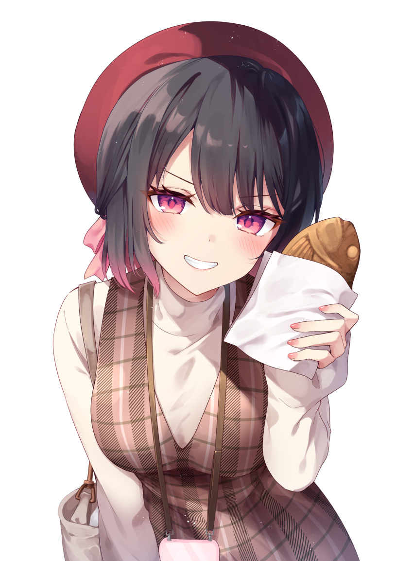 1girl, bag, beret, black_hair, blush, breasts, brown_dress, commentary_request