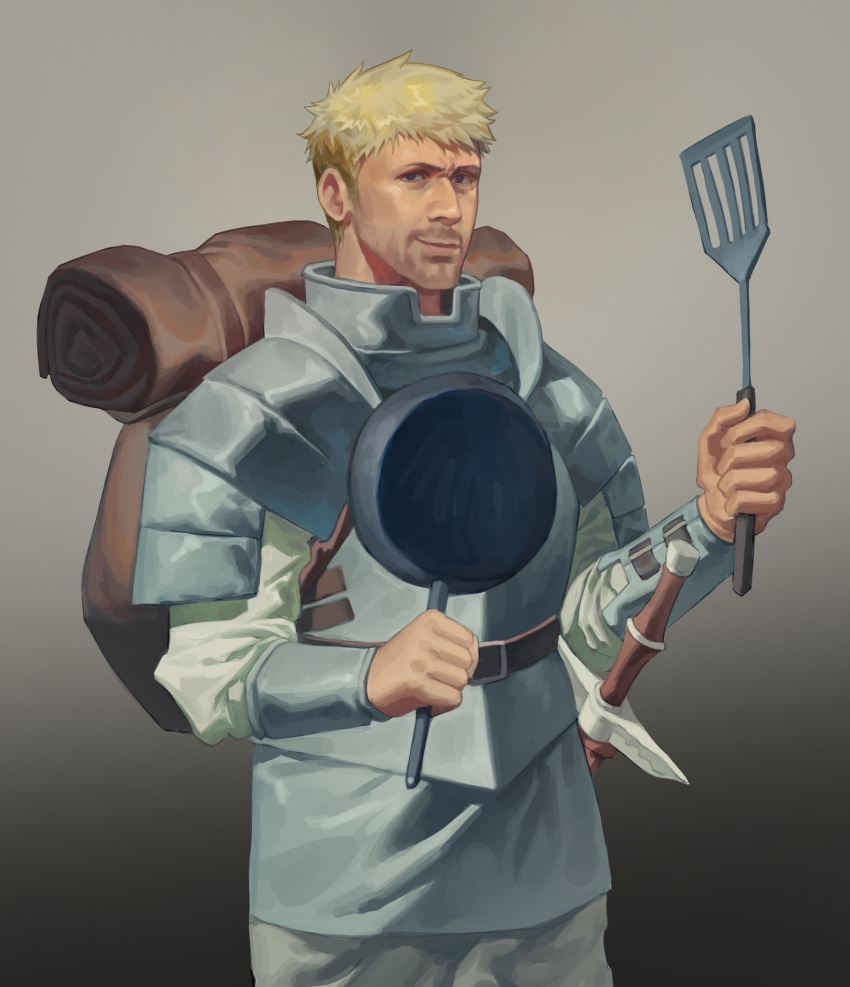 1boy, armor, backpack, bag, beard, belt, blonde_hair, blue_eyes
