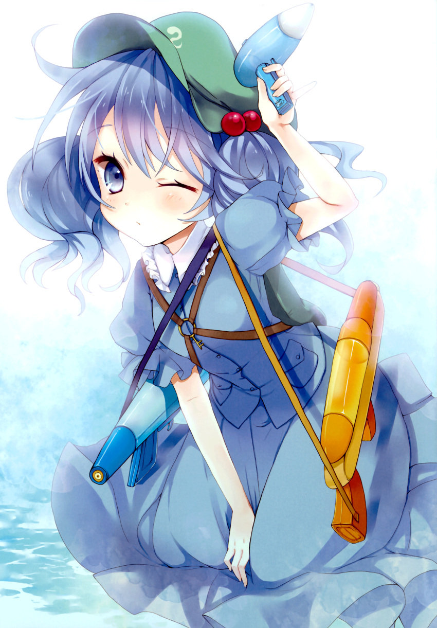 absurdres, blue_eyes, blue_hair, gun, hair_bobbles, hair_ornament, hat, highres