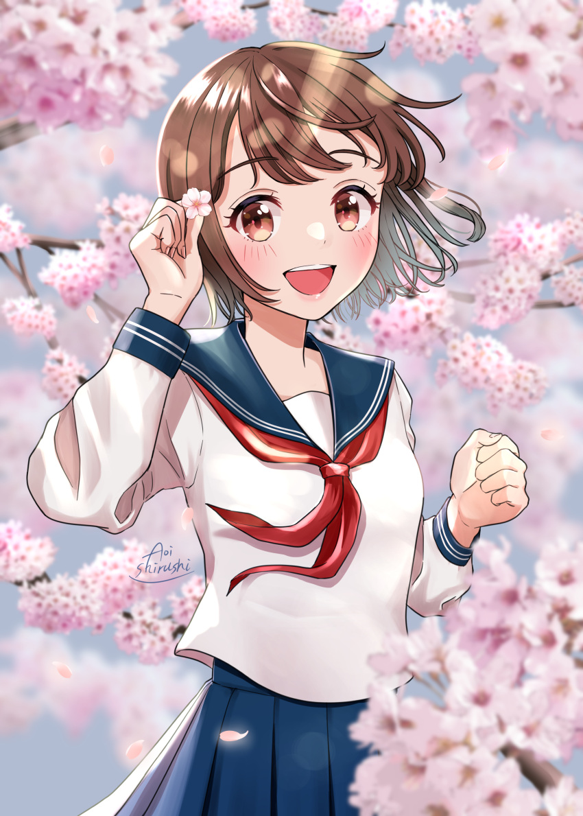 1girl, absurdres, blush, brown_eyes, brown_hair, cherry_blossoms, flower, hand_up