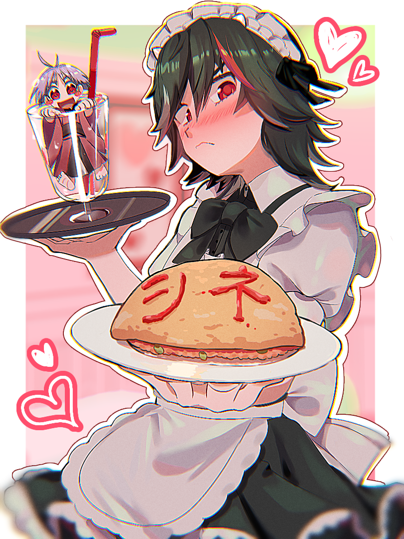 2girls, apron, black_dress, black_hair, blush, border, chromatic_aberration, dress