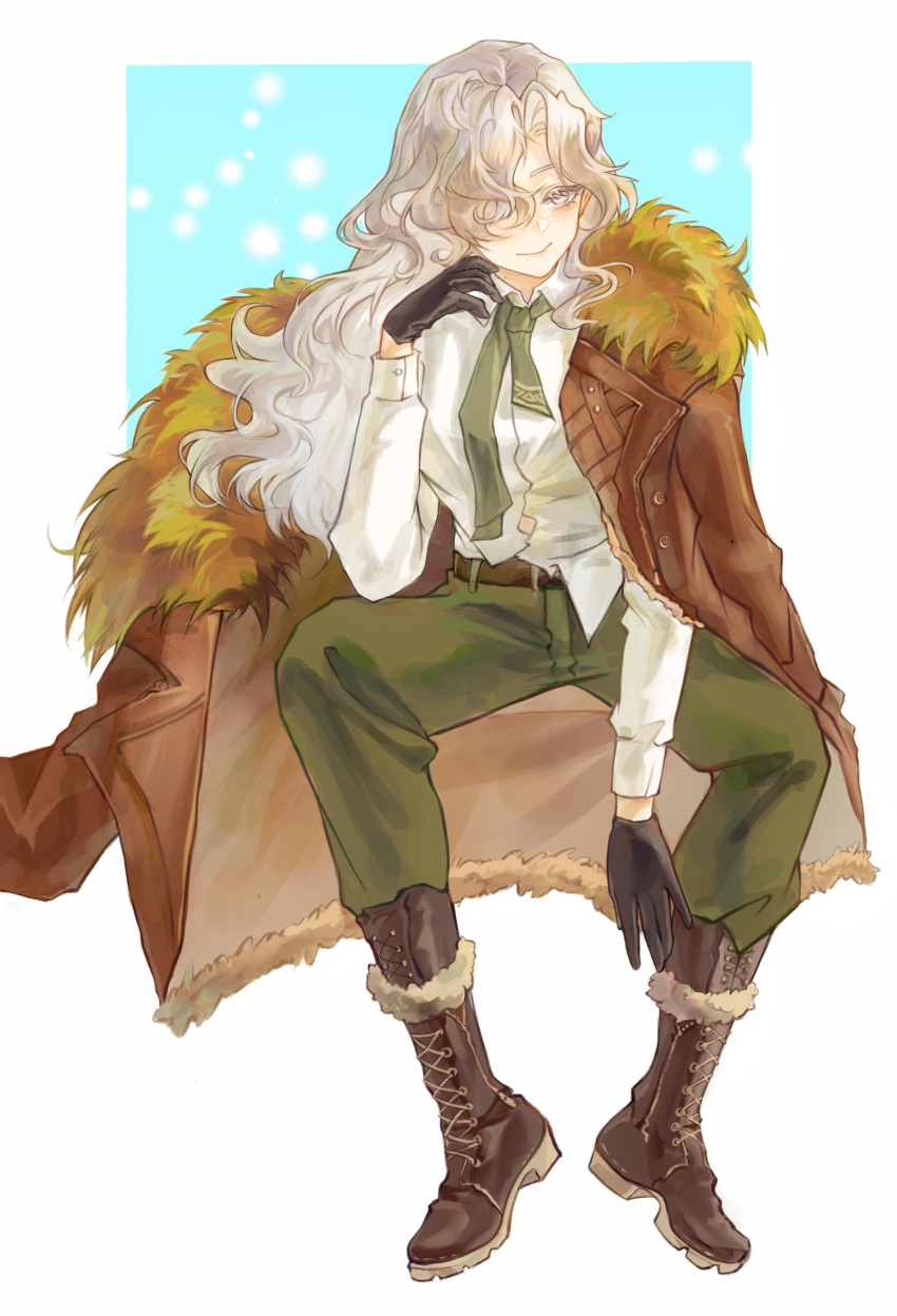 1girl, aqua_background, belt, black_gloves, boots, brown_belt, brown_coat, brown_footwear