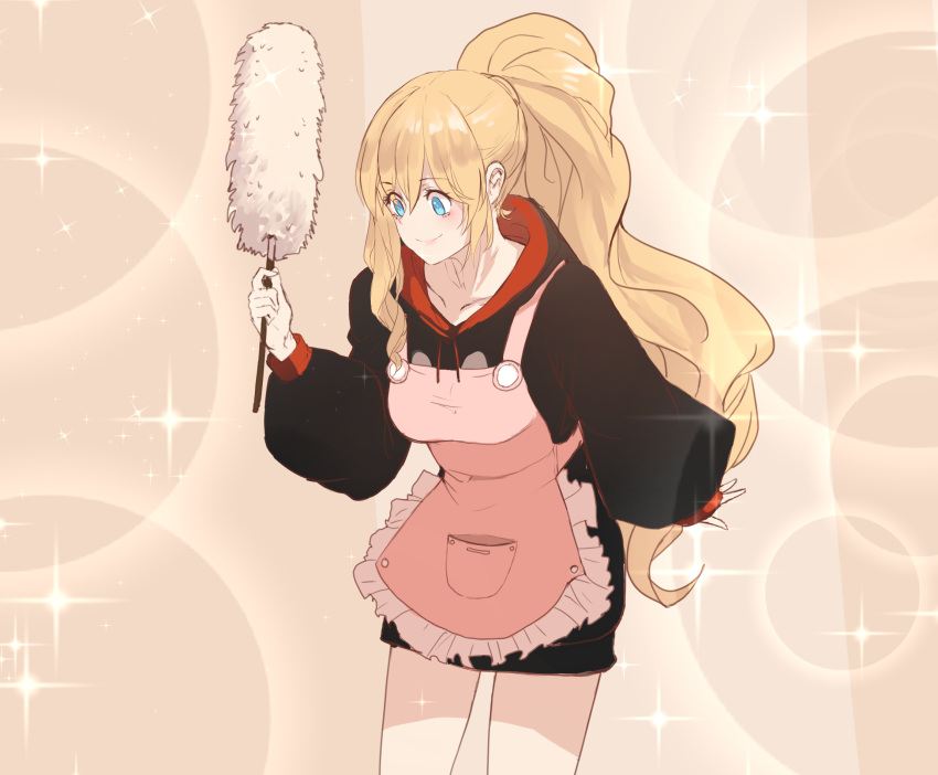 1girl, apron, arm_up, asymmetrical_hair, black_hoodie, blonde_hair, blue_eyes, collarbone
