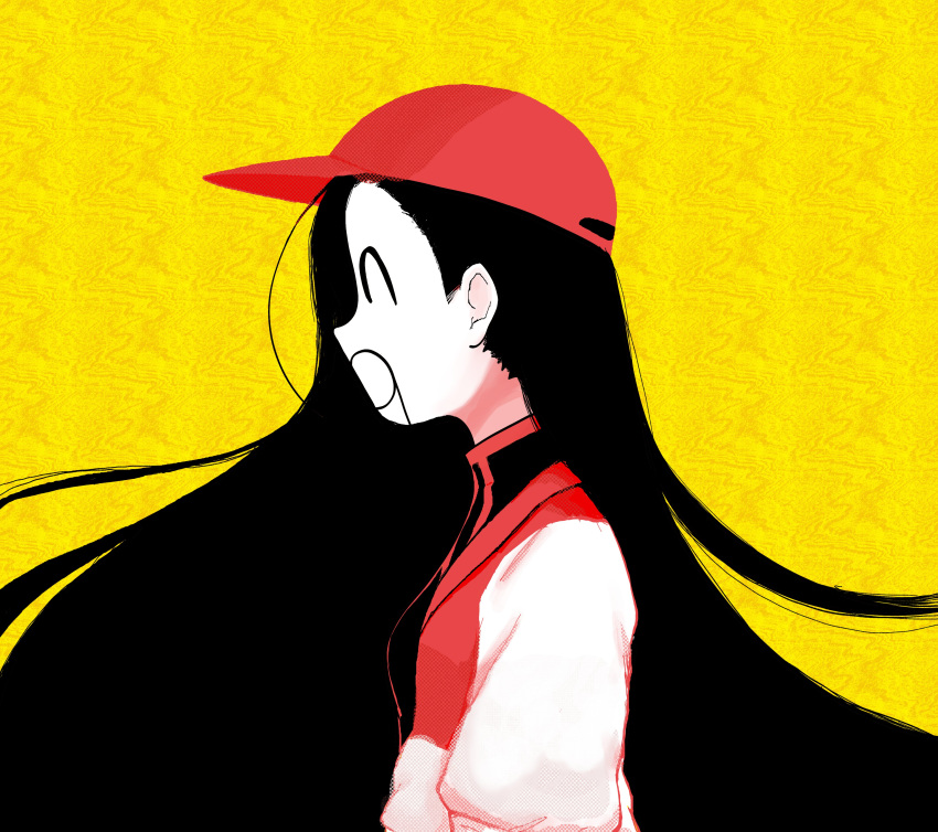 1girl, ^q^, absurdres, angelfaise, backwards_hat, baseball_cap, black_hair, black_shirt, butcher_vanity_(synthesizer_v), hat, highres, jacket, long_hair, long_sleeves, looking_to_the_side, red_hat, shirt, simple_background, synthesizer_v, very_long_hair, white_jacket, yellow_background, yi_xi_(synthesizer_v)