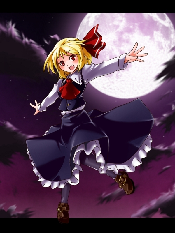blonde_hair, cloud, clouds, dress, fang, flying, full_moon, hair_ribbon