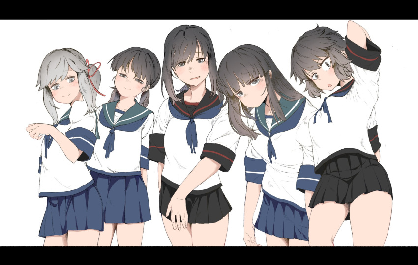 5girls, arudonadmiral, black_hair, black_sailor_collar, black_skirt, blue_neckerchief, blue_sailor_collar, blue_skirt
