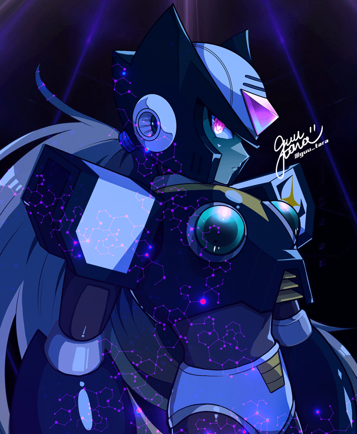 1boy, android, armor, black_armor, black_helmet, black_zero_(mega_man), chest_jewel, cowboy_shot