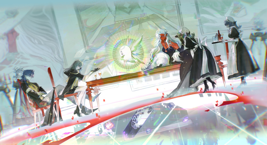 1boy, 6+girls, absurdres, apron, black_dress, black_gloves, black_jacket, blade_(honkai:_star_rail)