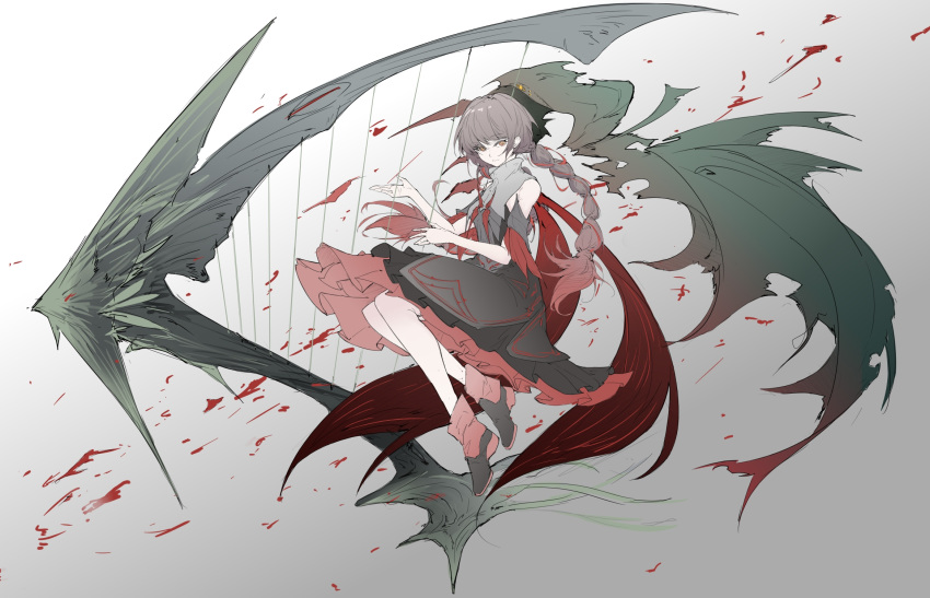 1girl, bare_legs, black_dress, black_footwear, boots, braid, breasts, cape, cdlo, cloak, cradle_(punishing:_gray_raven), dress, frilled_skirt, frills, from_side, full_body, gradient_background, gradient_hair, grey_background, grey_cloak, grey_hair, harp, highres, instrument, layered_skirt, looking_at_viewer, midair, multicolored_hair, music, playing_instrument, punishing:_gray_raven, red_cape, red_footwear, sideways_glance, skirt, sleeveless, sleeveless_dress, small_breasts, solo, torn_cloak, torn_clothes, twin_braids, two-tone_footwear, yellow_eyes