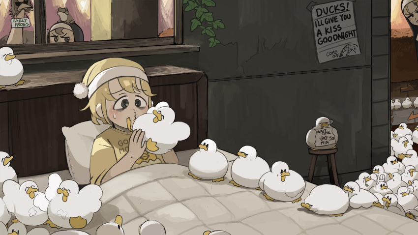 3girls, bags_under_eyes, bird, blonde_hair, blue_eyes, brown_eyes, brown_hair, chicken