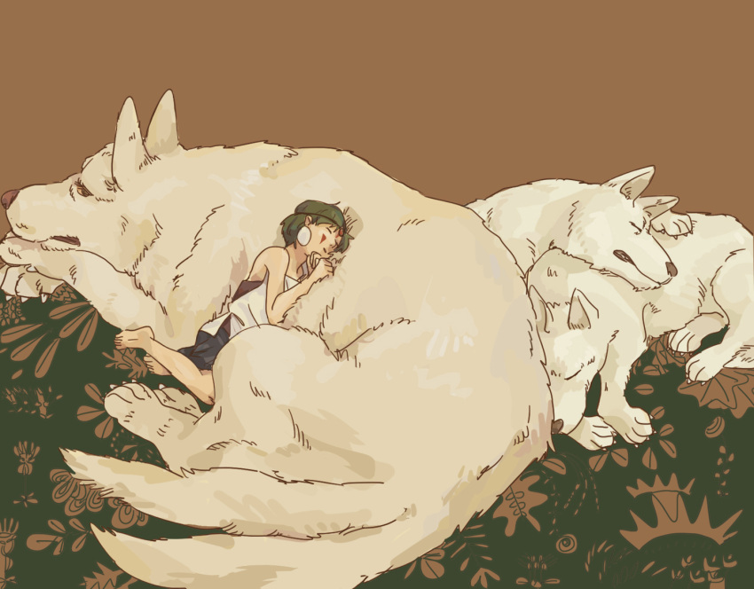 1girl, barefoot, closed_eyes, dress, earrings, facial_mark, feet, jewelry, lying, mononoke_hime, moro_(mononoke_hime), negitama_(nagi), on_side, san_(mononoke_hime), short_hair, sleeping, toes, white_dress, white_fur, white_wolf, wolf