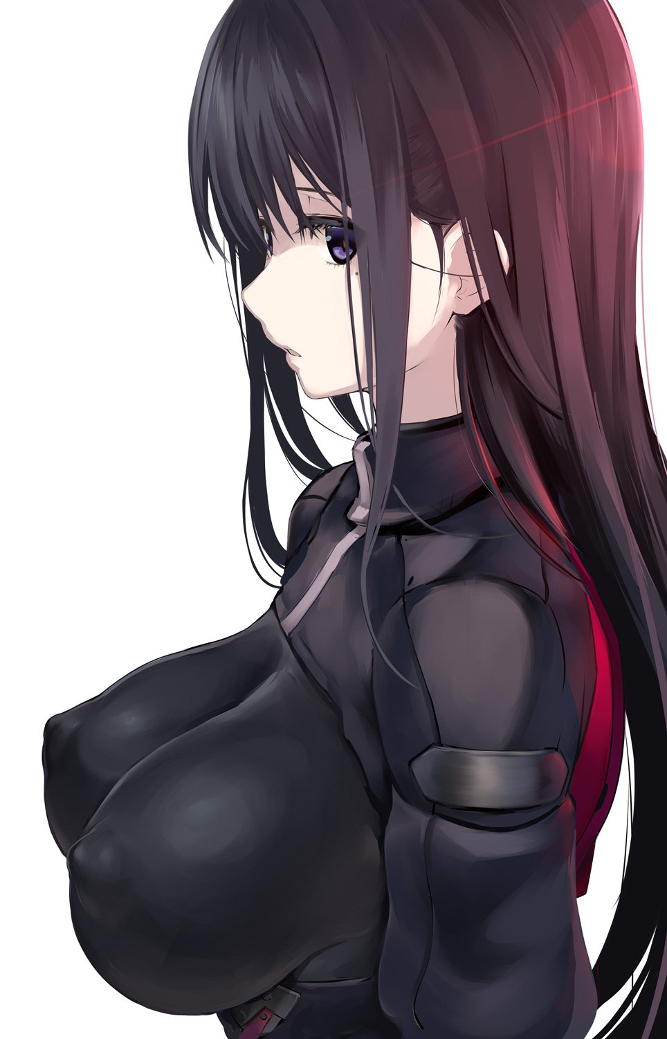 1girl, alice_gear_aegis, black_bodysuit, black_eyes, black_hair, bodysuit, breasts, commentary_request