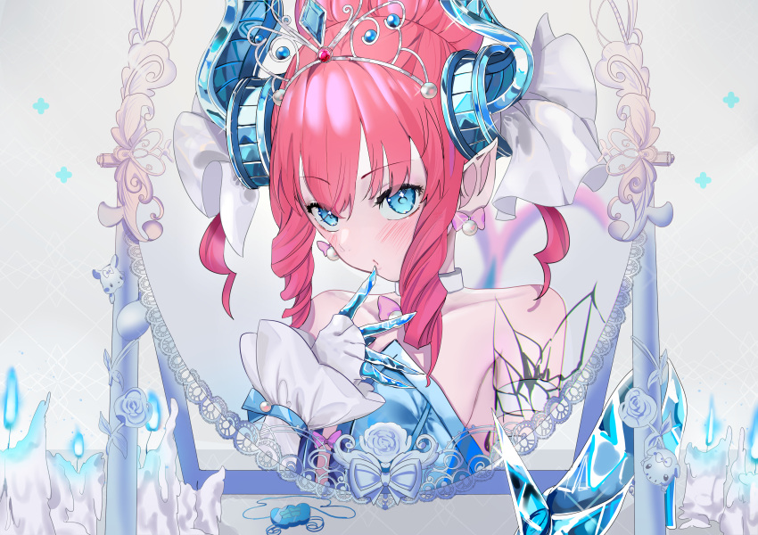 1girl, absurdres, bare_shoulders, blue_dress, blue_eyes, blush, breasts, detached_sleeves