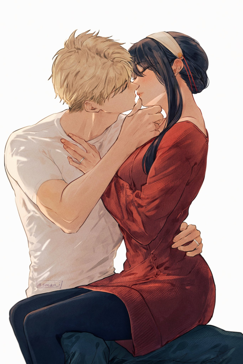 1boy, 1girl, arm_around_waist, black_hair, black_pantyhose, blonde_hair, blue_pants, blush
