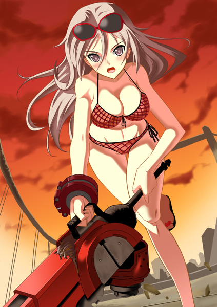 arisa_iriinchina_amieera, azuma_reiharu, bikini, brown_eyes, brown_hair, chainsaw, god_eater, god_eater_burst, long_hair, sandals, sunglasses, swimsuit