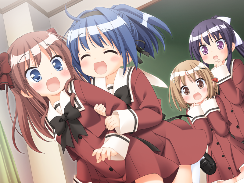 blue_eyes, blue_hair, blush, brown_eyes, brown_hair, game_cg, hair_ribbon, hanahira